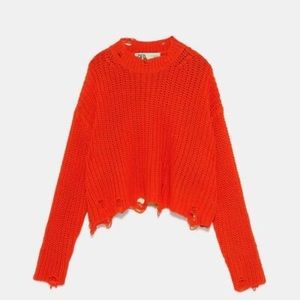 Bright orange knit sweater with rips!! #ZARA